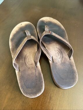 Rainbow Brown Leather Thong Sandals with Subtle Rainbow Accent